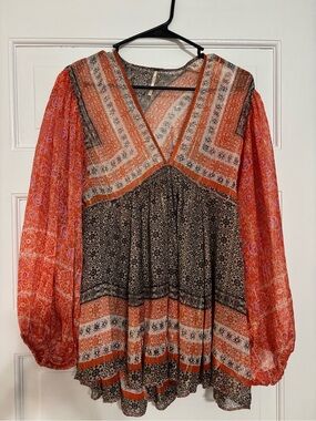 Free People Bohemian Orange Black Printed Peasant Blouse